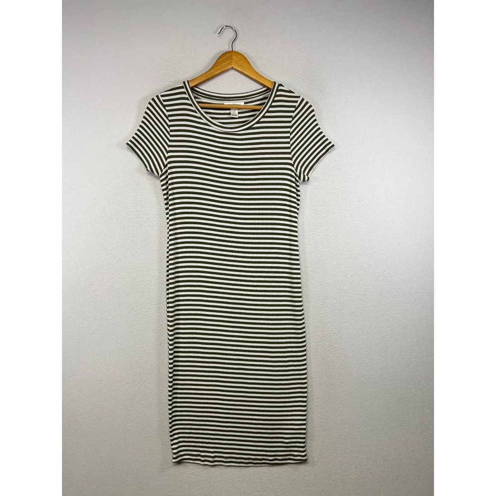 Casual Striped Motherhood Maternity Womens Medium Olive White Ribbed Midi Dress